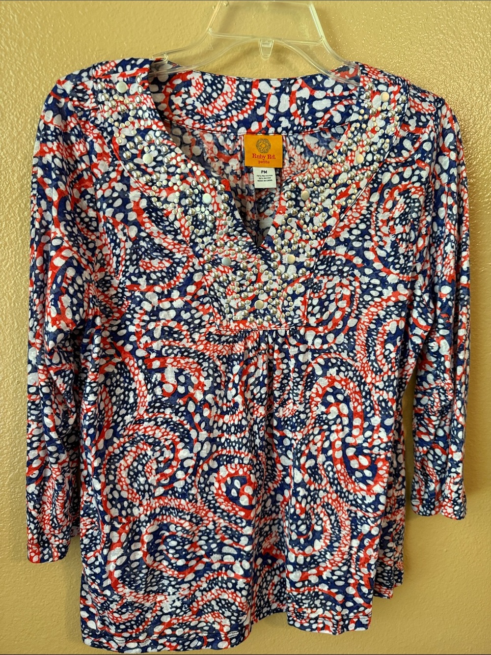 Ruby Rd. Red, Navy & White Swirl Print Long Sleeve V-Neck Top